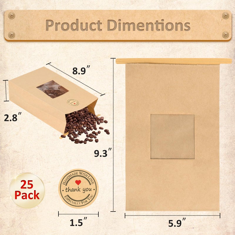 Cyblinia 25-Piece Kraft Paper Bags with Window, Tin Tie Tab Locks and Free Stickers (5.9'L x 2.8'W x 9'H) for Food Storage - Image 2
